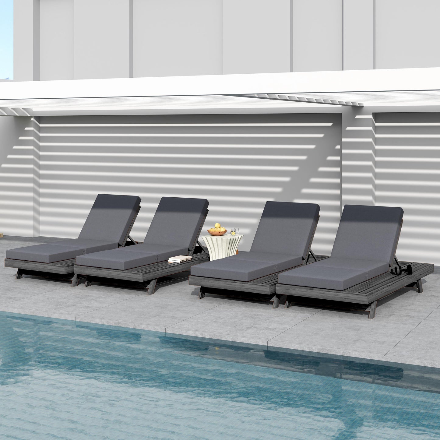 Lounge Chaise Set, Space Available On One Side, Acacia Solid Wood In Black With Lounge Cushion (Dark Grey & Triple Fold) – Matching Cream Version Available
