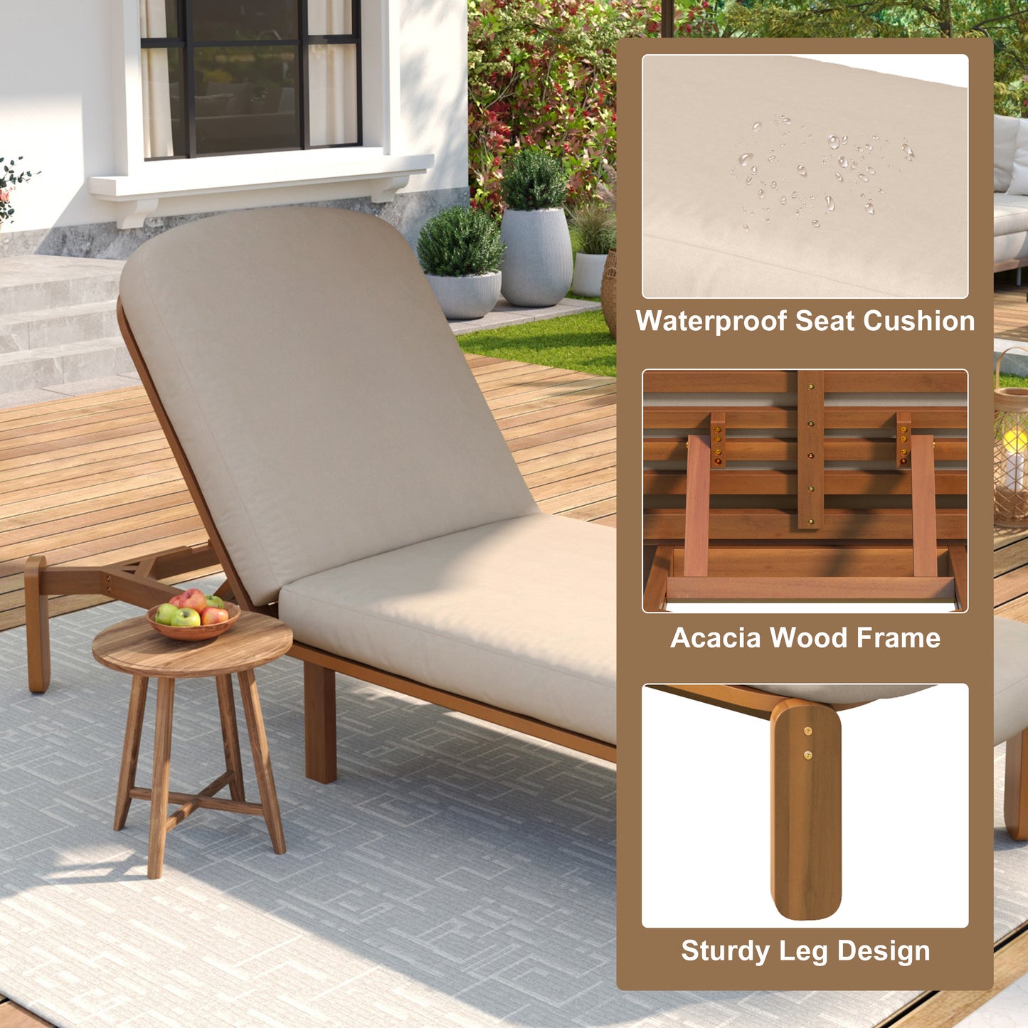 Outdoor Chaise Lounge Adjustable Patio Chaise Outdoor Reclining Chair Pool Lounge Chair with Adjustable Backrest for Patio, Poolside or Beach, Brown