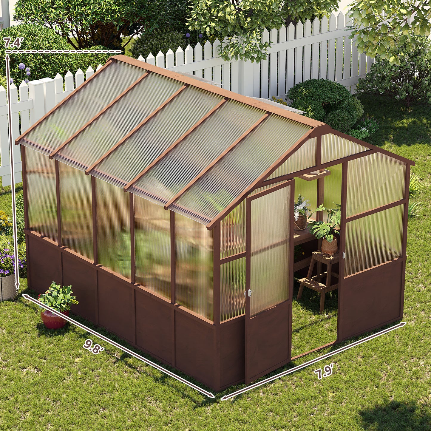 8x10 FT Greenhouse Kit, Wood Greenhouses with 6MM Polycarbonate Panel, Green House with Adjustable Vent & Lockable Door, Walk-in Greenhouse for Outside, Garden, Backyard
