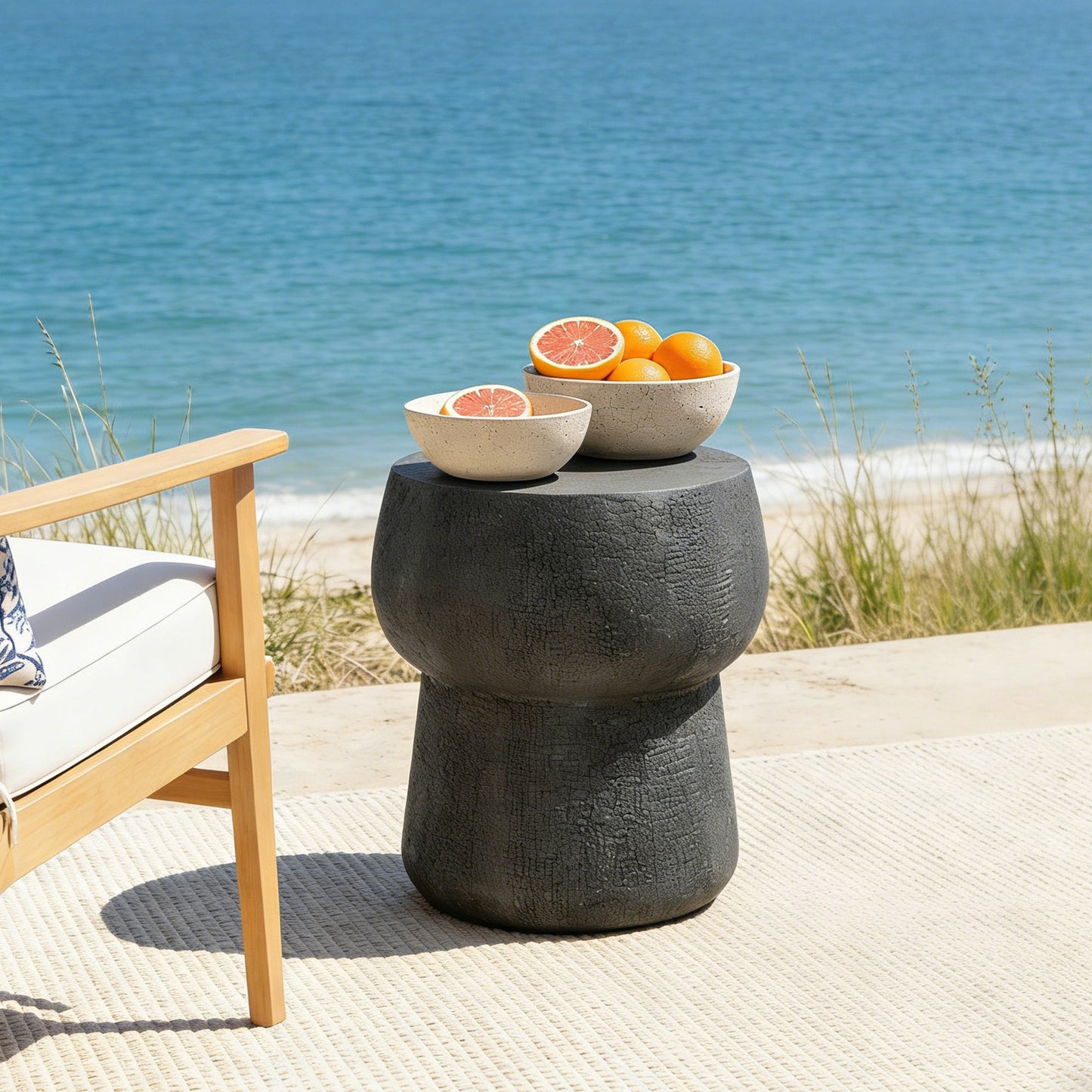U_Style Outdoor Patio Accent Table with Crack process , Morden Concrete coffee Table with Double Barrel Shape Outdoor Side Table, Garden Stoolsl  for Patio,Garden, Backyard.