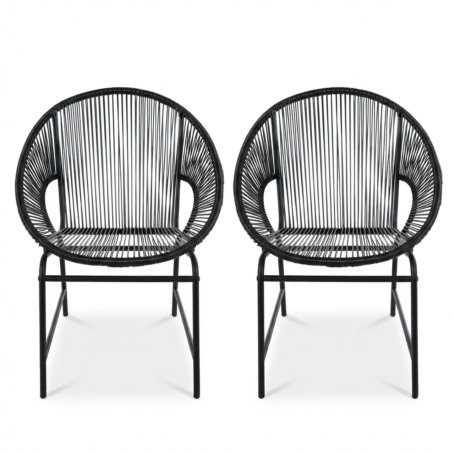 NUSA OUTDOOR PATIO WICKER CHAIR, BLACK PE RATTAN & IRON FRAME, SET OF 2