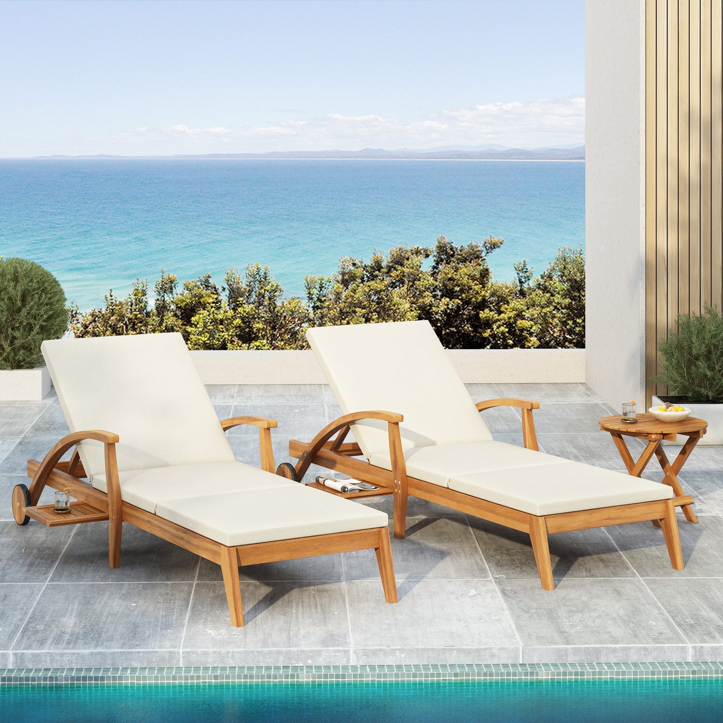 CHAISE LOUNGE WITH WHEEL - ACACIA WOOD RECLINER FOR PATIO/GARDEN, WITH 2INCH WHITE CUSHION, 4-POSITION ADJUSTABLE BACKREST, VERSATILE OUTDOOR FURNITURE