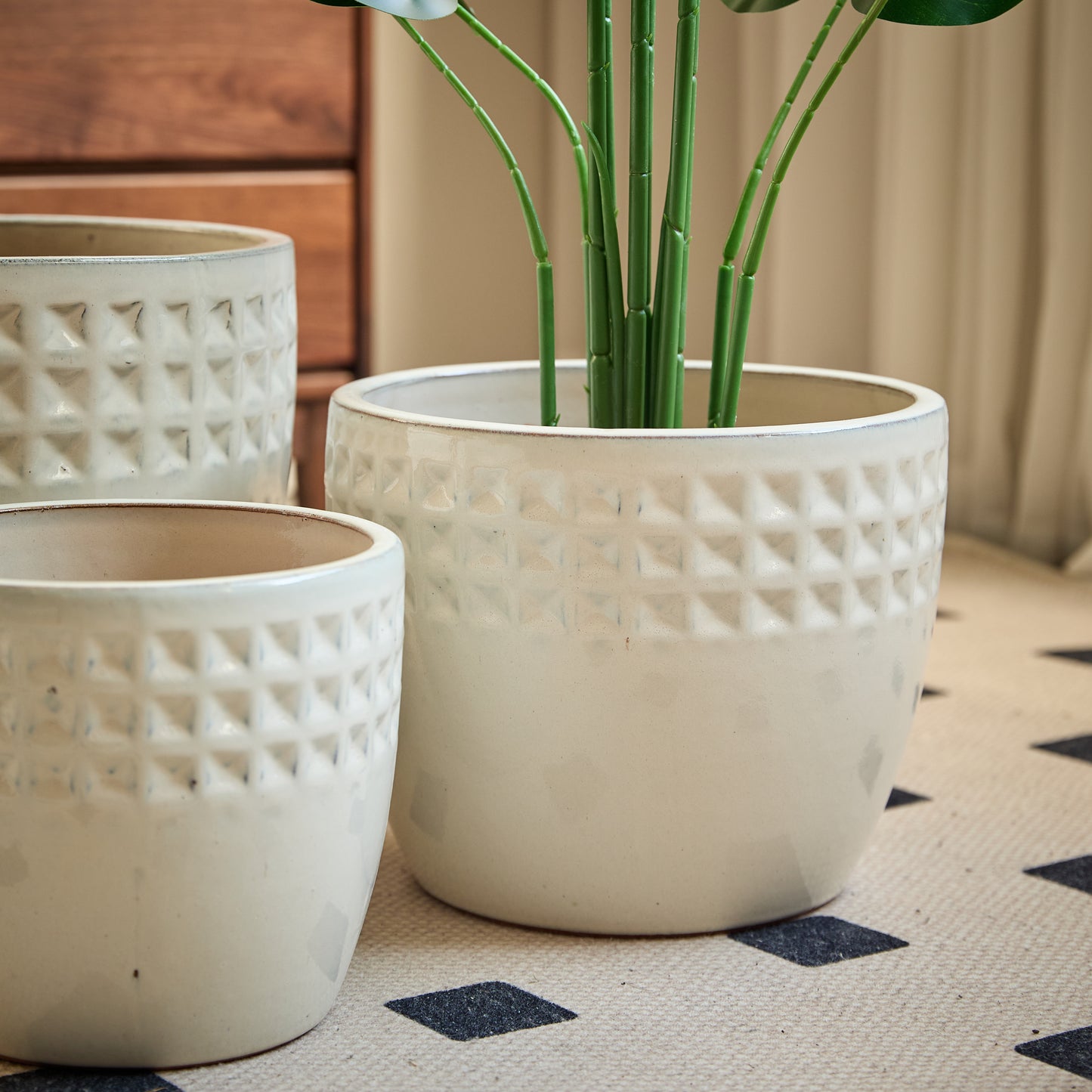 Handmade Ceramic Flower Pot Set of 3, 15/12/9 Inch Diameter, White Diamond Pattern, for Succulents Indoor/Outdoor Use on Windowsill & Bookshelf, Breathable Clay