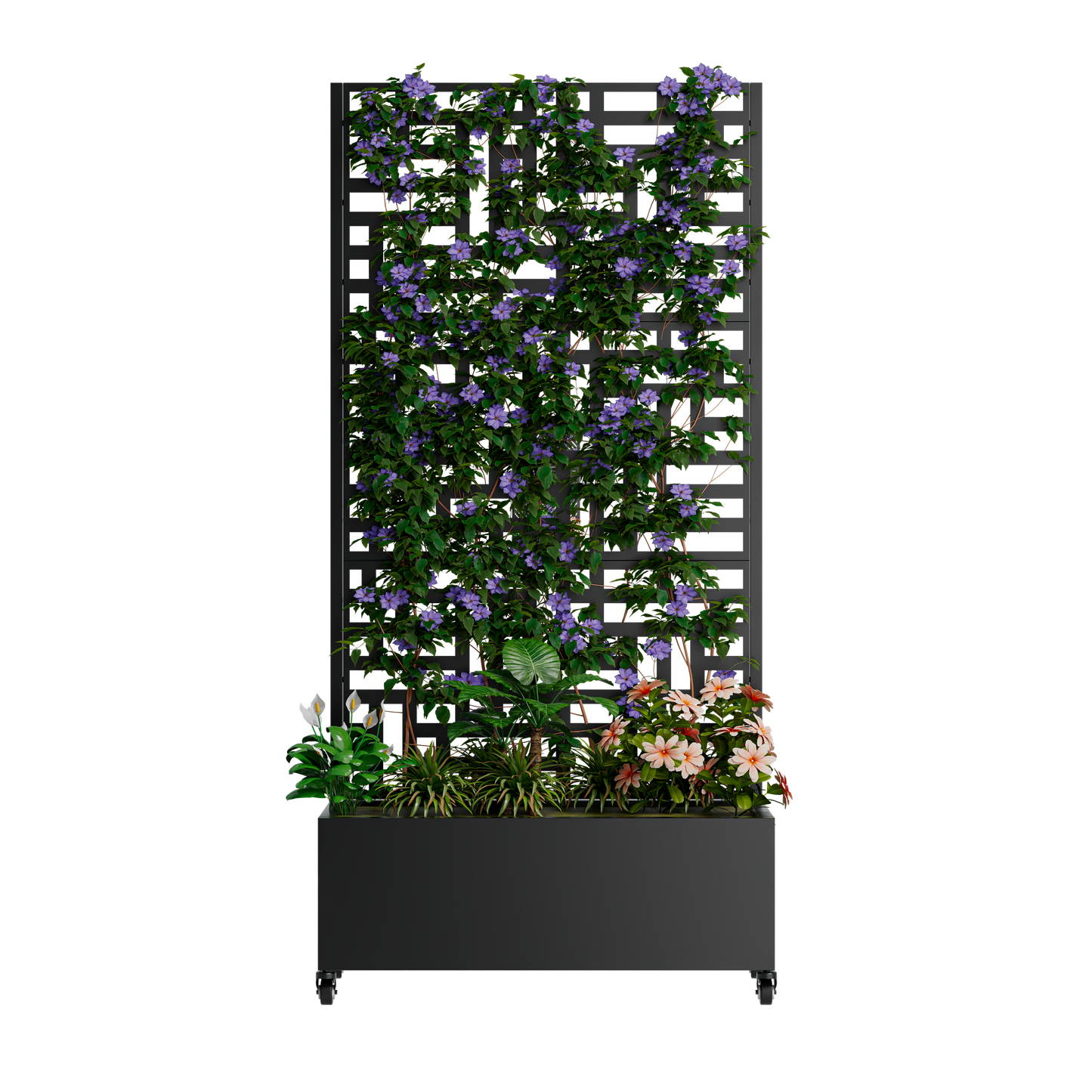 Metal Planter Box with Trellis, 73"x35"x16 Metal Raised Garden Bed with Trellis, Metal Planter Box with Drainage Holes & Lockable Wheels & Privacy Screen for Climbing Plants, Vegetables, Vines
