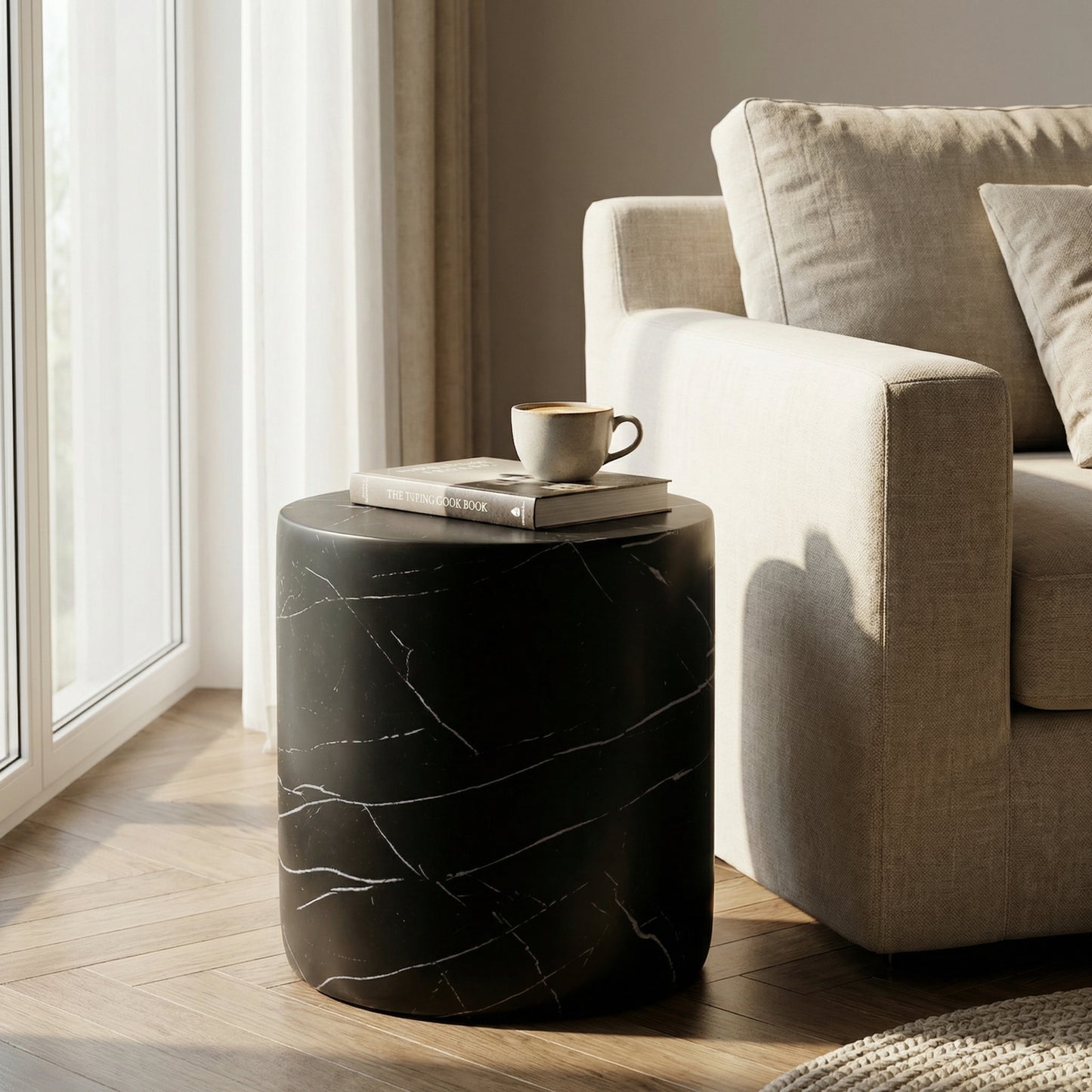 Outdoor Lightweight concrete MGO Side/End Table , Living Room Accent Table,Black Marble