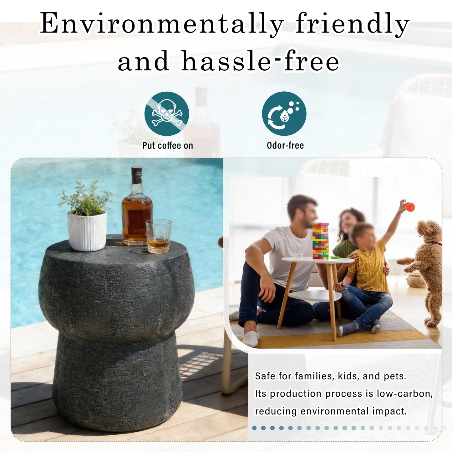 U_Style Outdoor Patio Accent Table with Crack process , Morden Concrete coffee Table with Double Barrel Shape Outdoor Side Table, Garden Stoolsl  for Patio,Garden, Backyard.