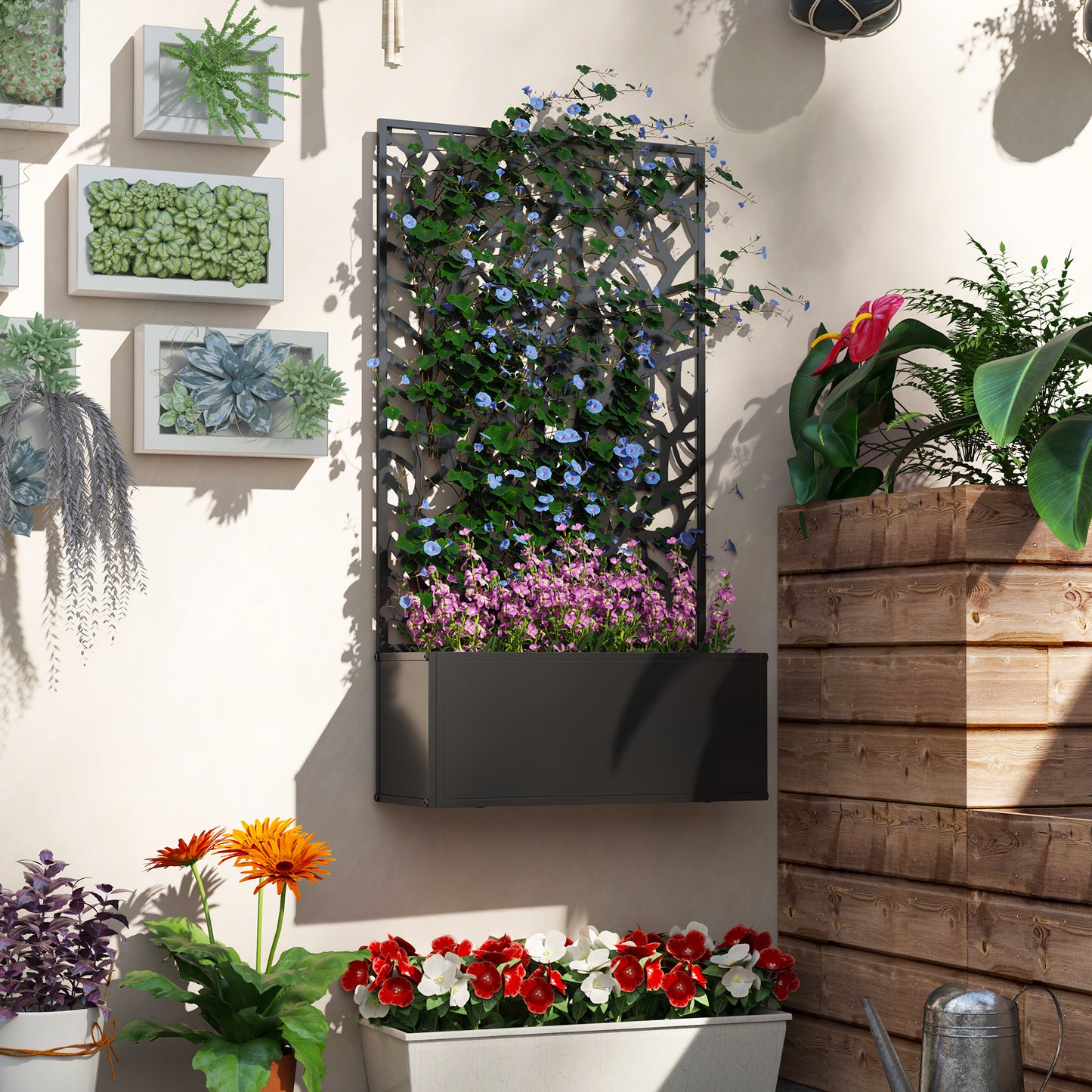 Outsunny Metal Raised Garden Bed with Trellis, Freestanding or Wall Mounted Raised Flower Bed with Privacy Panel for Garden, Patio, Balcony