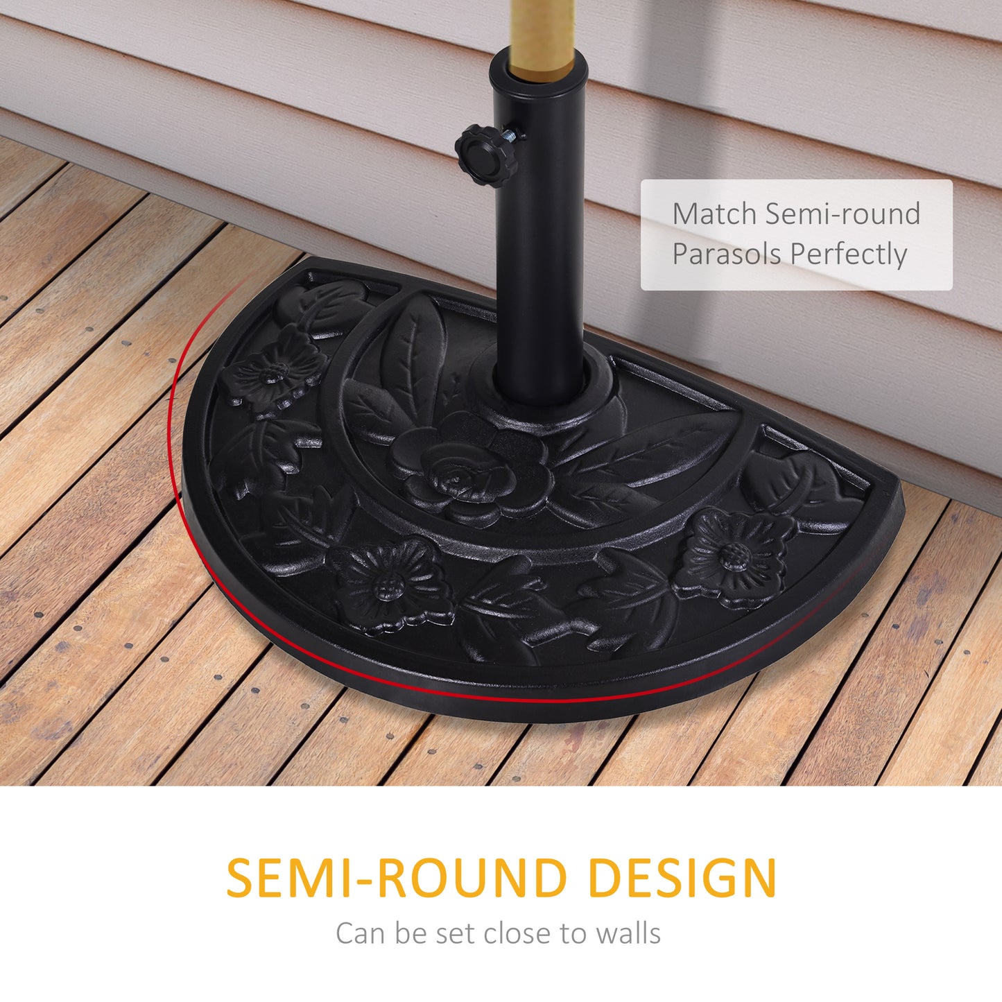 Outsunny 20lbs Half Round Patio Umbrella Base Outdoor Decorative Resin Parasol Stand Holder for Φ1.5", Φ1.9" Pole, for Lawn, Deck, Backyard, Garden, Black