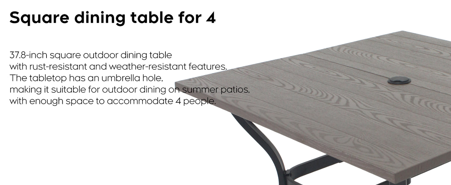 NATURAL -Industrial Farmhouse Desk with Umbrella Hole, 37" Wood Look Square Table - Heavy Metal Frame for Dining Office Kitchen Conference Room, Easy Assembly Waterproof Indoor Outdoor Use