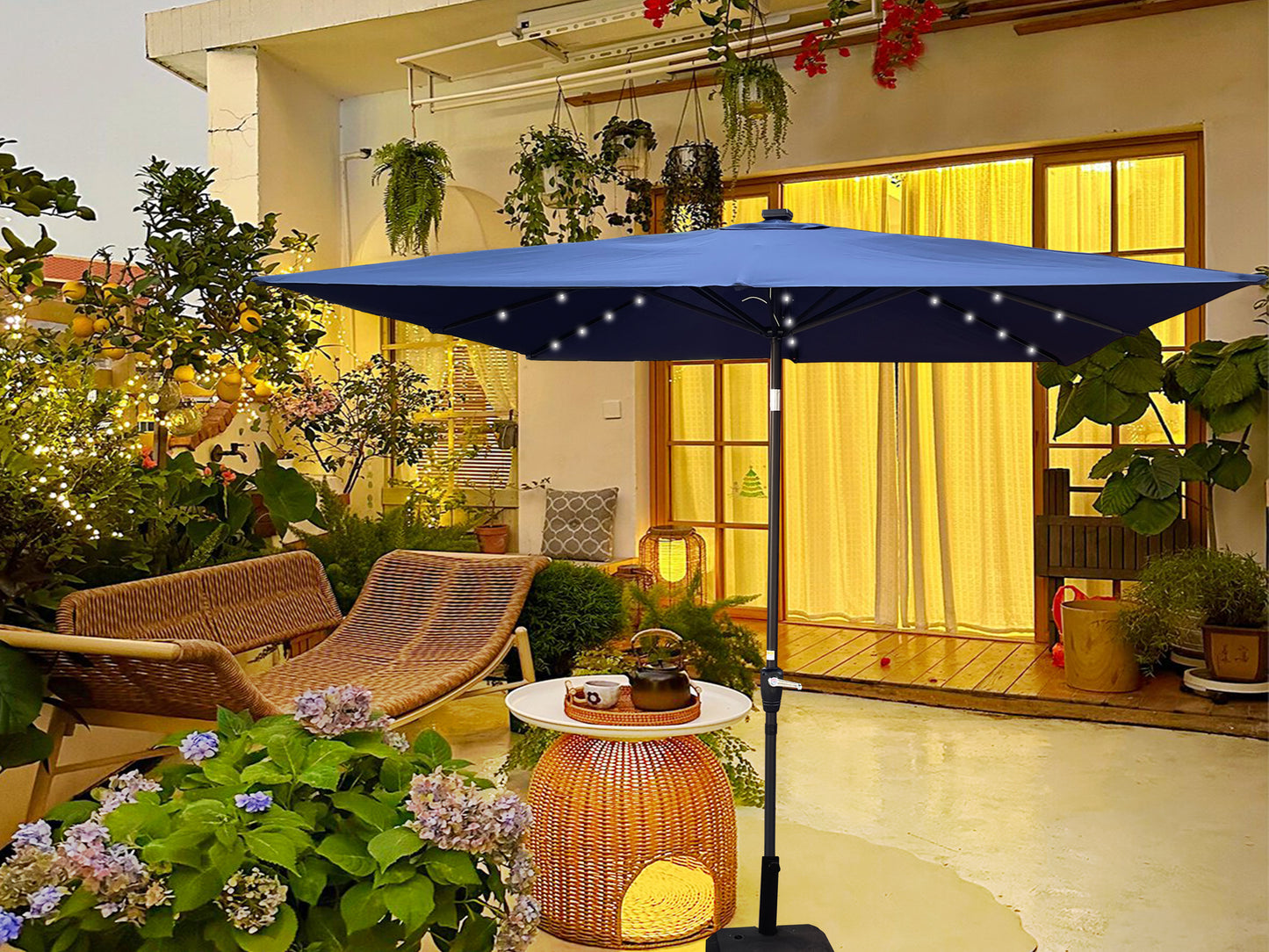 Square 2.5X2.5M Outdoor Patio Umbrella Solar Powered LED Lighted Sun Shade Market Waterproof 8 Ribs Umbrella with Crank and Cross Base for Garden Deck Backyard Pool Shade Outside Deck Swimming Pool