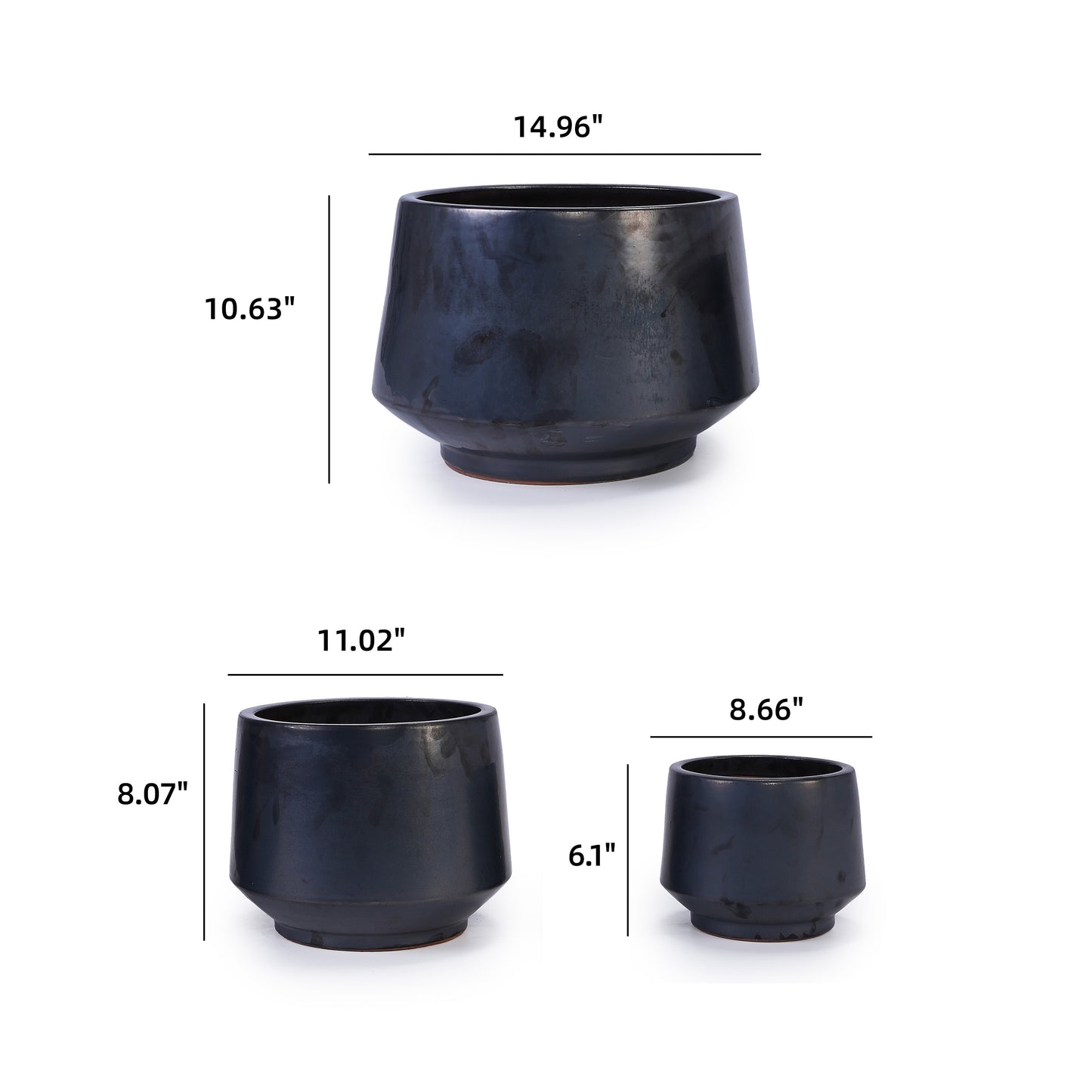 Handmade Black Matte Glazed Ceramic Planter Set of 3, 15/11/9 Inch Diameter, Textured Finish for Orchids & Begonias, Indoor/Outdoor Use on Windowsill & Bookshelf, Breathable Clay