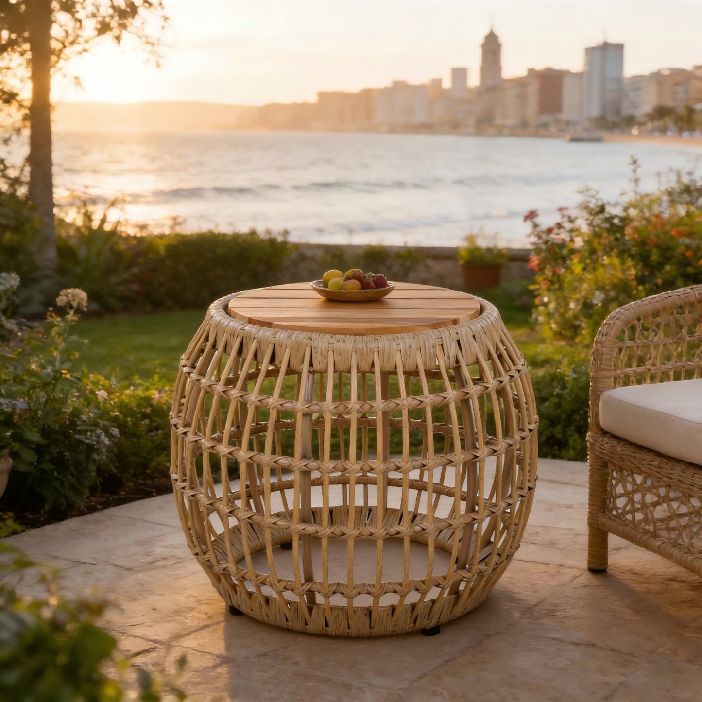 Acacia Wood Outdoor Side Table with Wicker Base - Light Brown, Round 16.15" Outdoor Accent for Patio, Garden, Balcony & Indoor Use