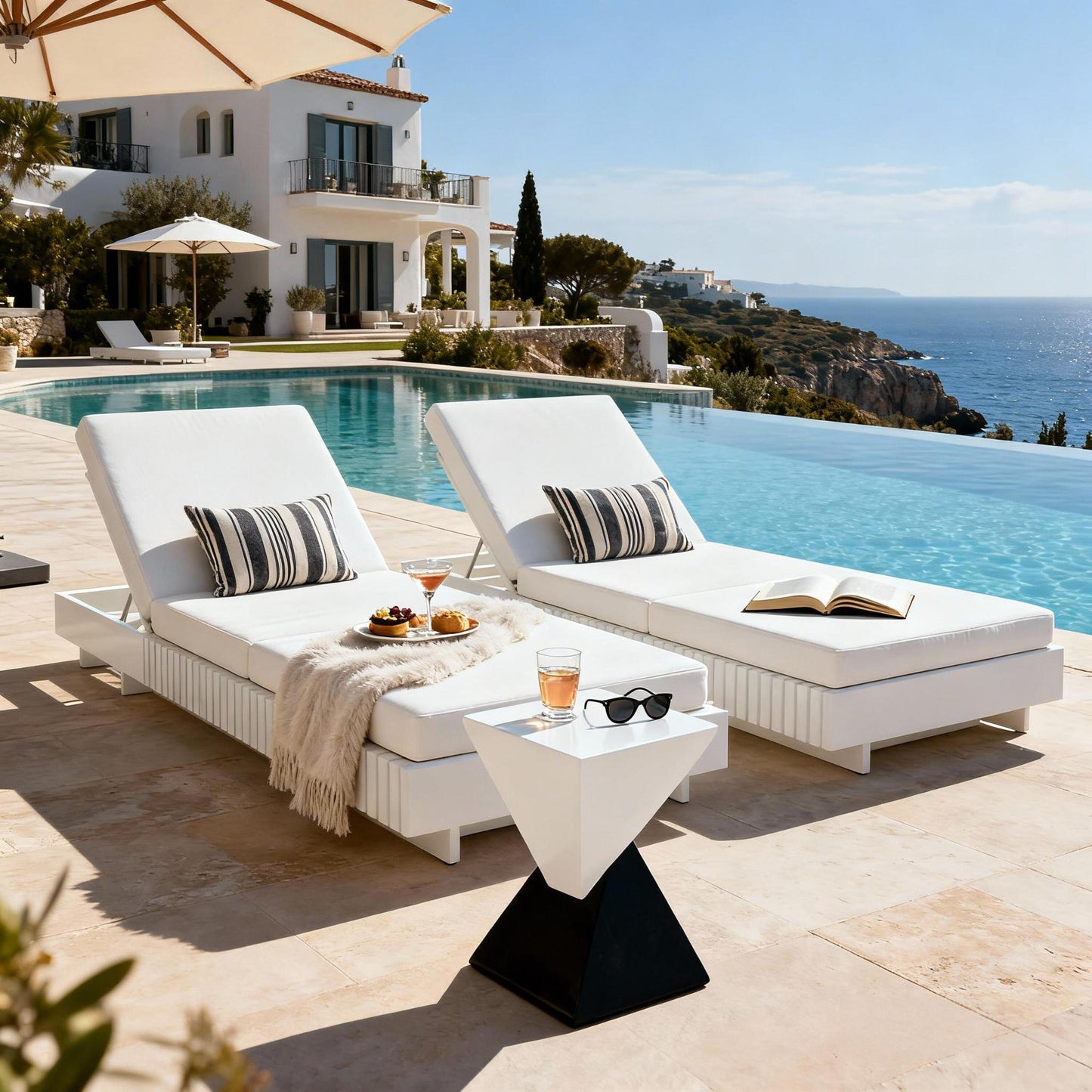 White Acacia Solid Wood Outdoor Chaise Lounge with Cream 3-Fold Water-Repellent Cushion, 400lbs Capacity,  Modern Patio Sun Lounger for Garden, Poolside