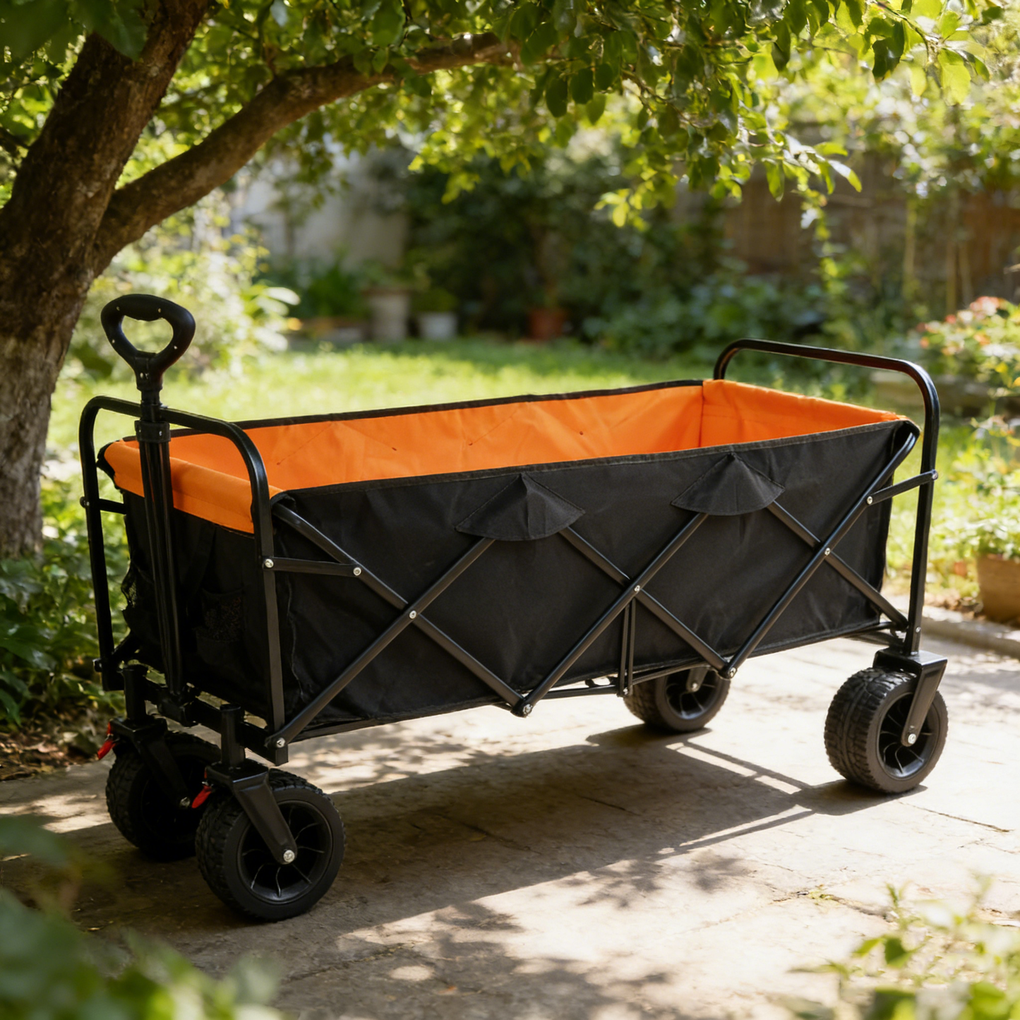 Big large capacity Folding cart Extra Long Extender Wagon Cart Folding Wagon Garden Shopping Beach Cart (black + orange)