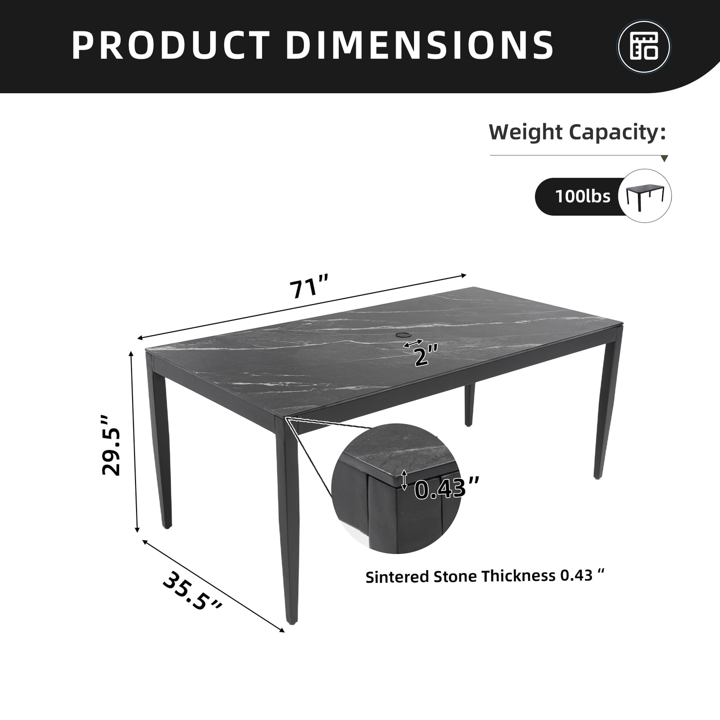 Outdoor Modern Patio 35.5"x71" Aluminum Dining Table, Black Marble-Inspired Sintered Stone Top, Ember Black Finish, Post Tapered Legs-Seats Six, Weatherproof & Rust-Free