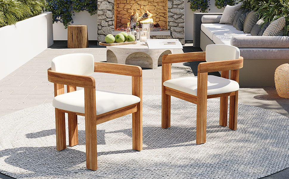 Set of 2 Outdoor Acacia Wood Dining Chairs with Cushions, Modern Solid Wood Armchairs with Weather-Resistant Upholstery for Patio, Garden, Balcony & Backyard,Beige Cushion