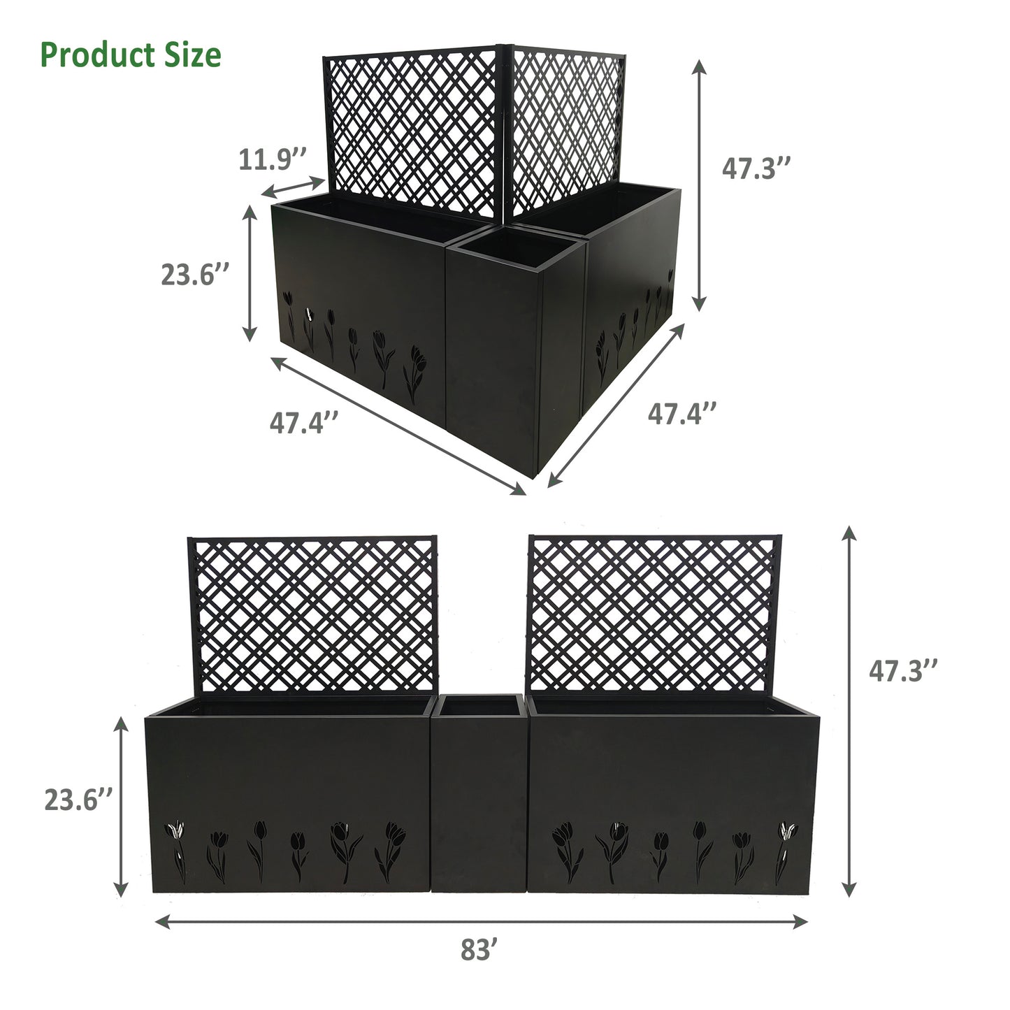 Metal Planter-Trellis Combo (Set of 3) - Raised Garden Bed, Flower Trellis & Privacy Screen for Patio, Balcony, Garden, Rust-Resistant Planter Box with Drainage Holes, 23.6in Depth Planting Bed, Tulip