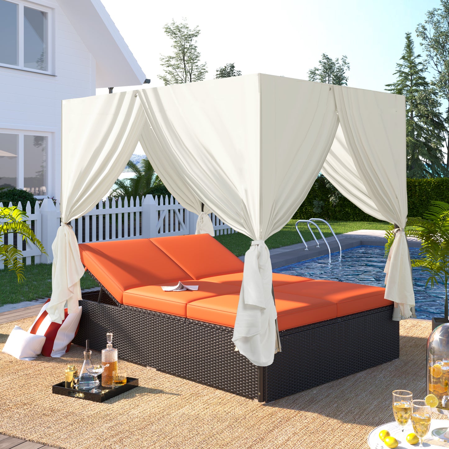 U_STYLE Outdoor Double Chaise Lounge Daybed with Curtains,Patio Outdoor Sunbed with Adjustable Backrest, Sturdy Steel Frame Loveseat Sofa for Backyard,Poolside, Terrace