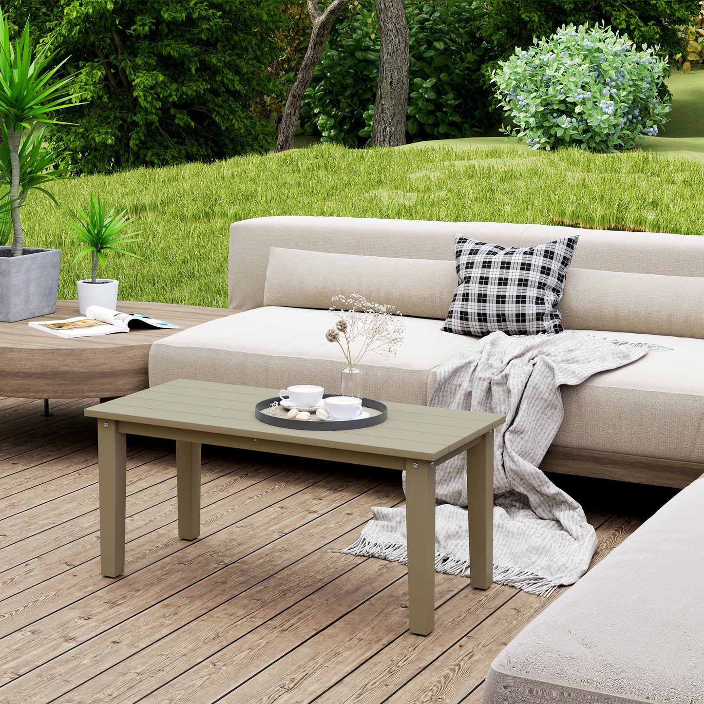 Outsunny HDPE Outdoor Coffee Table, Rectangle All-Weather Patio Coffee Table, Slatted Outdoor Patio Table for Garden, Balcony, Backyard, Brown