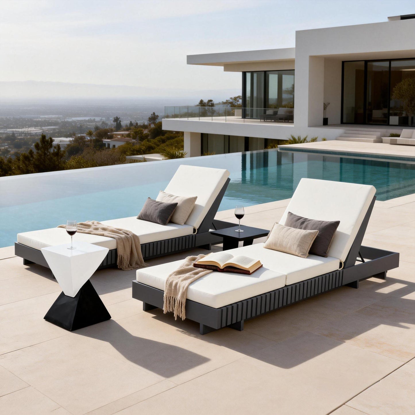 Dark Grey Acacia Solid Wood Outdoor Chaise Lounge with Cream 3-Fold Water-Repellent Cushion, 400lbs Capacity,  Modern Patio Sun Lounger for Garden, Poolside