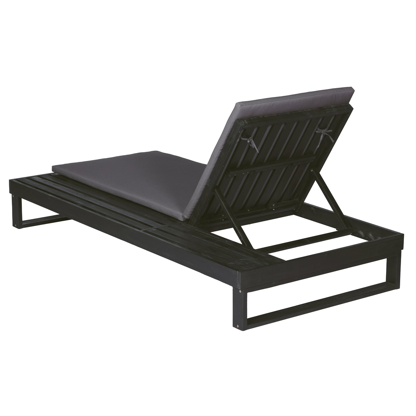 Black Acacia Wood Chaise Lounge with 1.57-Inch Dark Gray 2-Fold Cushion Set, 4-Position Adjustable with Flat Side Surface, for Poolside - Matching cream,leaf coconut version available