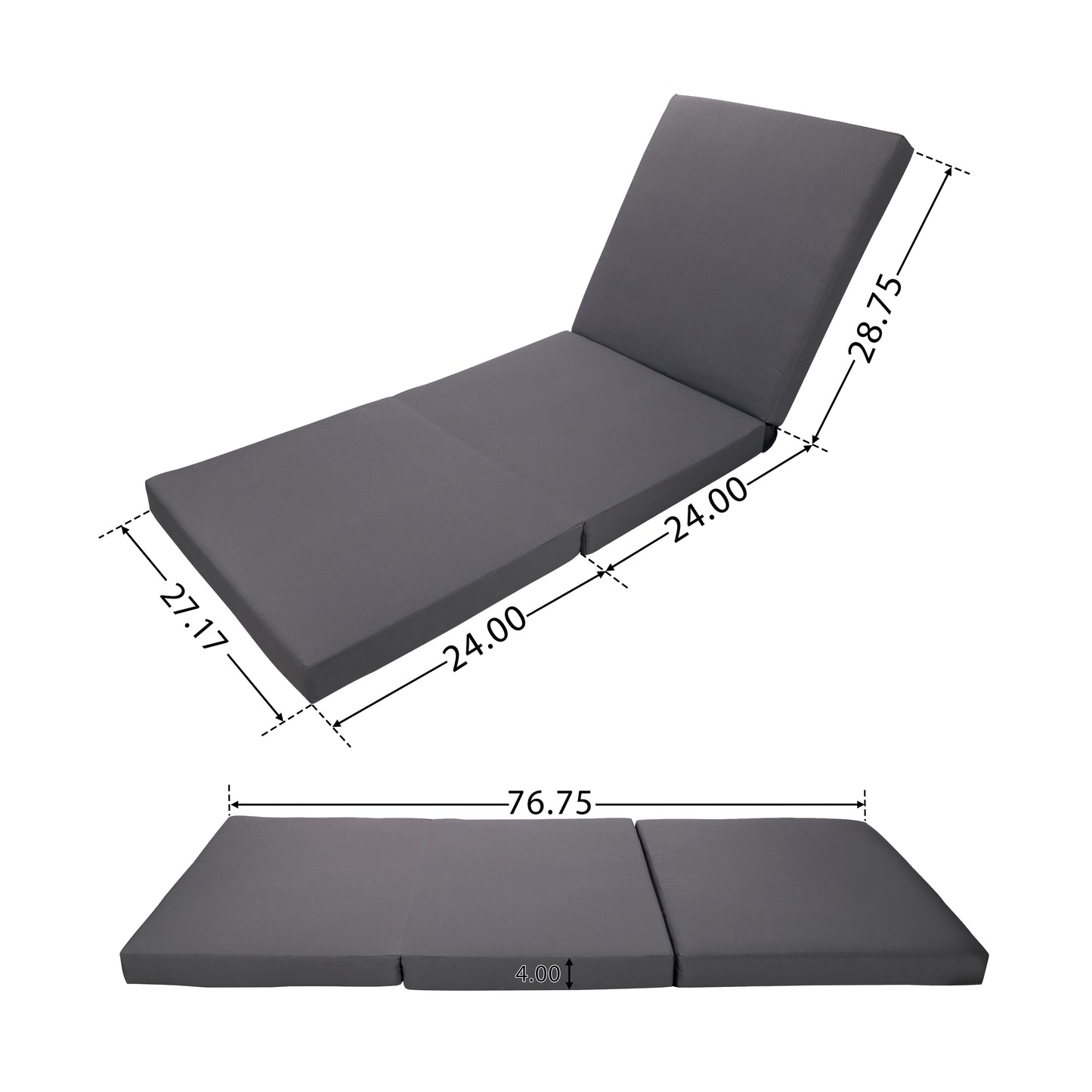Black Acacia Wood Chaise Lounge with 4-Inch Dark Grey 3-Fold Cushion Set, 4-Position Adjustable Outdoor Patio Lounger with Flat Side Surface, for Poolside- Matching cream version available