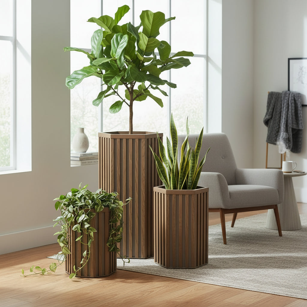 Hexagon Column Planter MD - Medium Brown