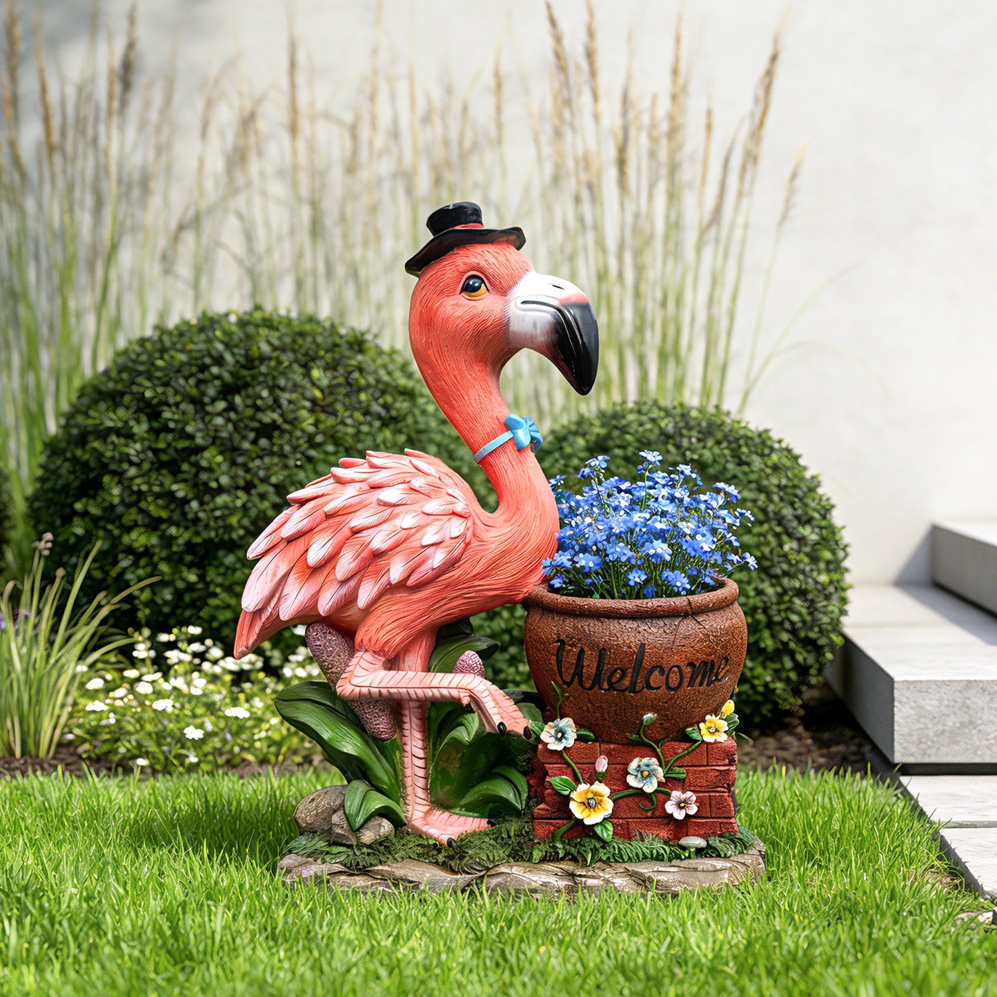Outdoor Garden Sculpture Flamingo Flower Pot Planter - Unique Yard Statue Decoration, Interesting Law Outdoor Ornament
