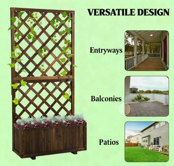 Garden Bed,Wooden Raised Garden Bed Planting Planter Box with Trellis and Drain Holes for Climbing Vine Plants