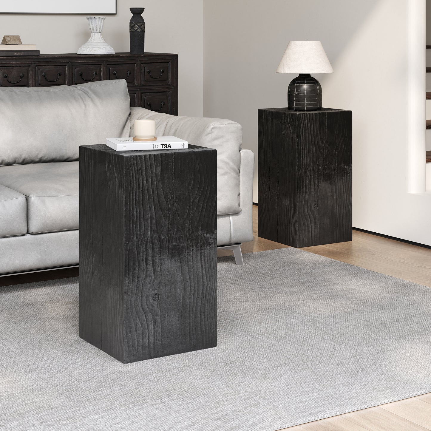 Wood-Look Square-Column MGO End Table,  H27.75",Wood-Like Distressed Finish, Mix with Different Heights, Indoor Outdoor Use,Black Color