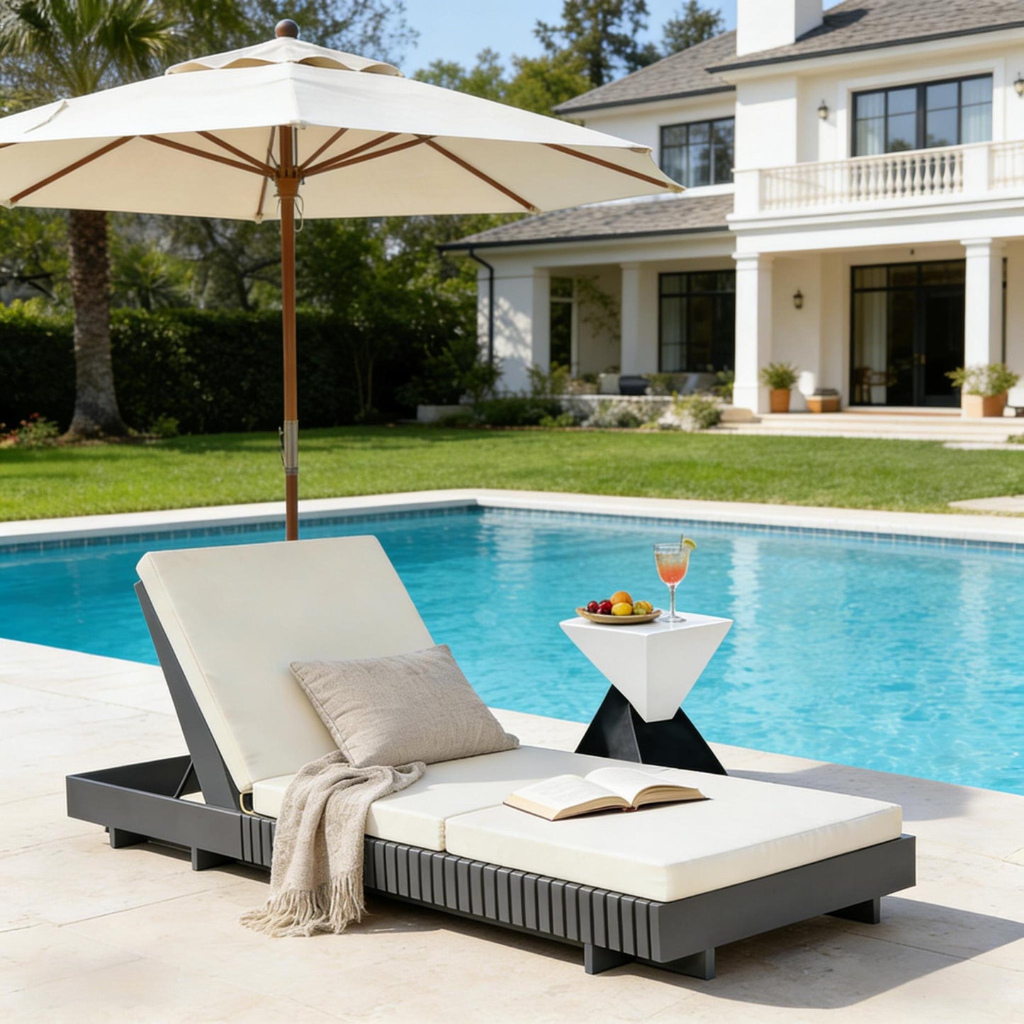 Dark Grey Acacia Solid Wood Outdoor Chaise Lounge with Cream 3-Fold Water-Repellent Cushion, 400lbs Capacity,  Modern Patio Sun Lounger for Garden, Poolside