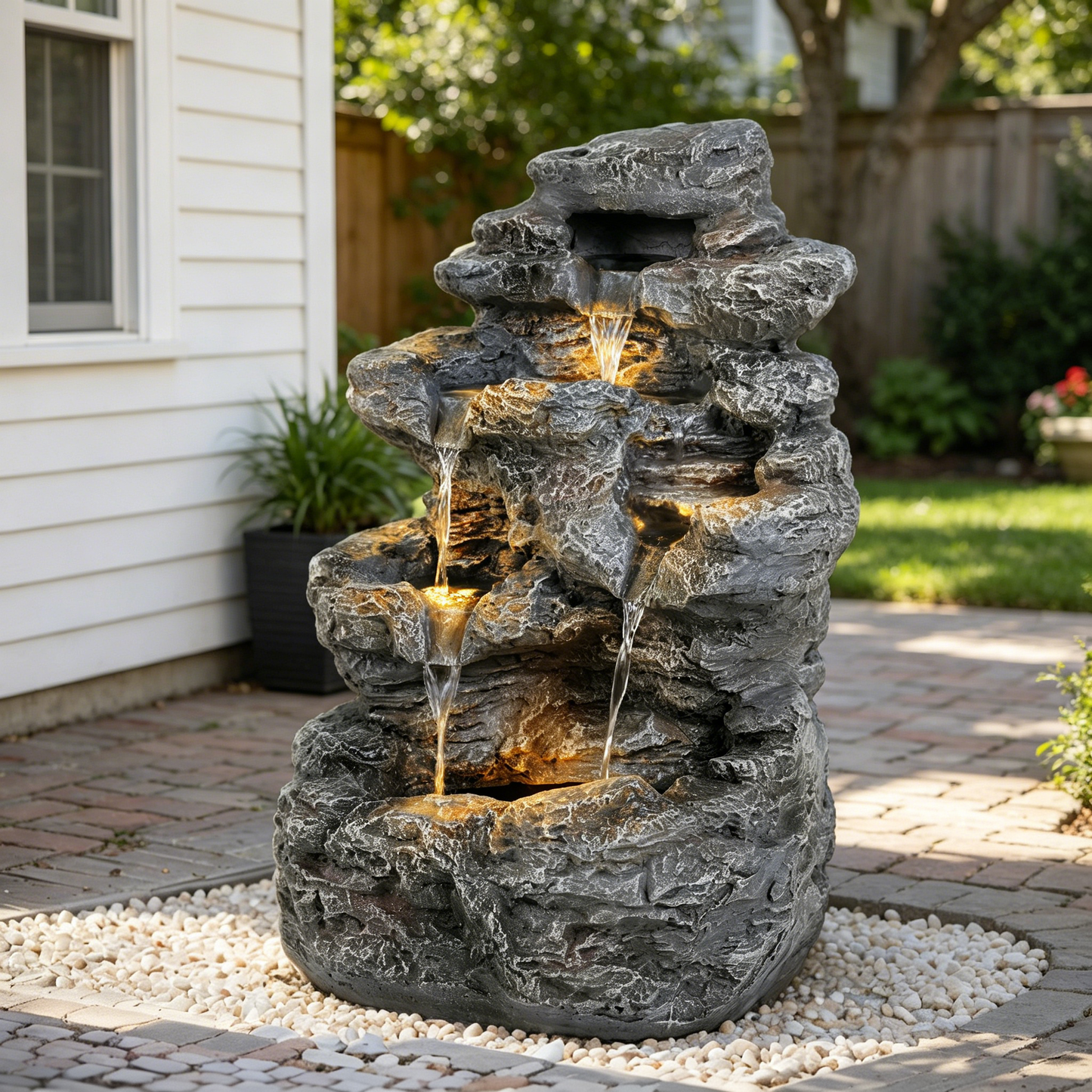5-Tiered Concrete Tall Slim Fountain, 23.85"H –LED-Lit Column, Space-Saving Modern Outdoor Accent, All-Weather Resistant