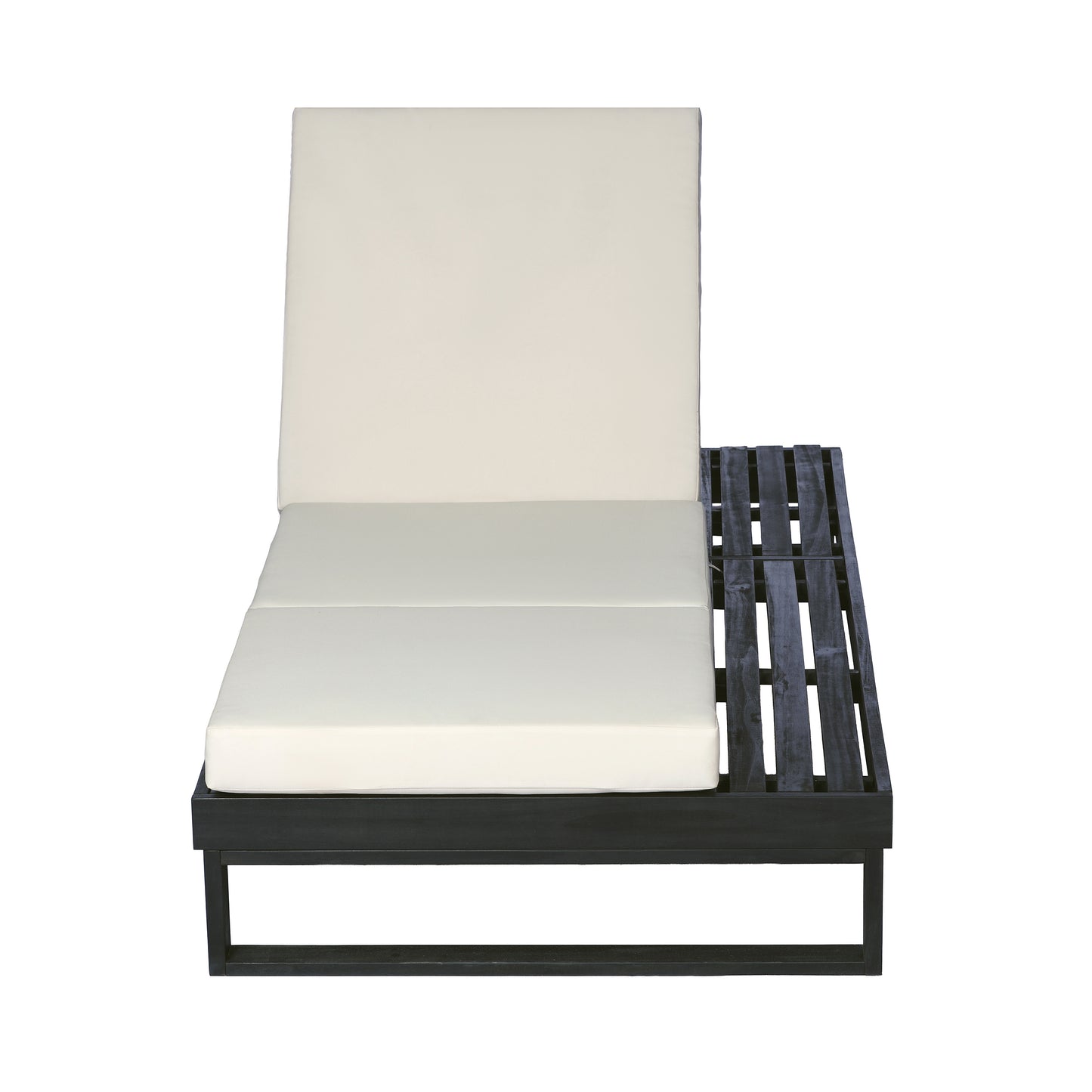 Black Acacia Wood Chaise Lounge with 4-Inch Cream 3-Fold Cushion Set, 4-Position Adjustable Outdoor Patio Lounger with Flat Side Surface, for Poolside-Matching dark grey version available