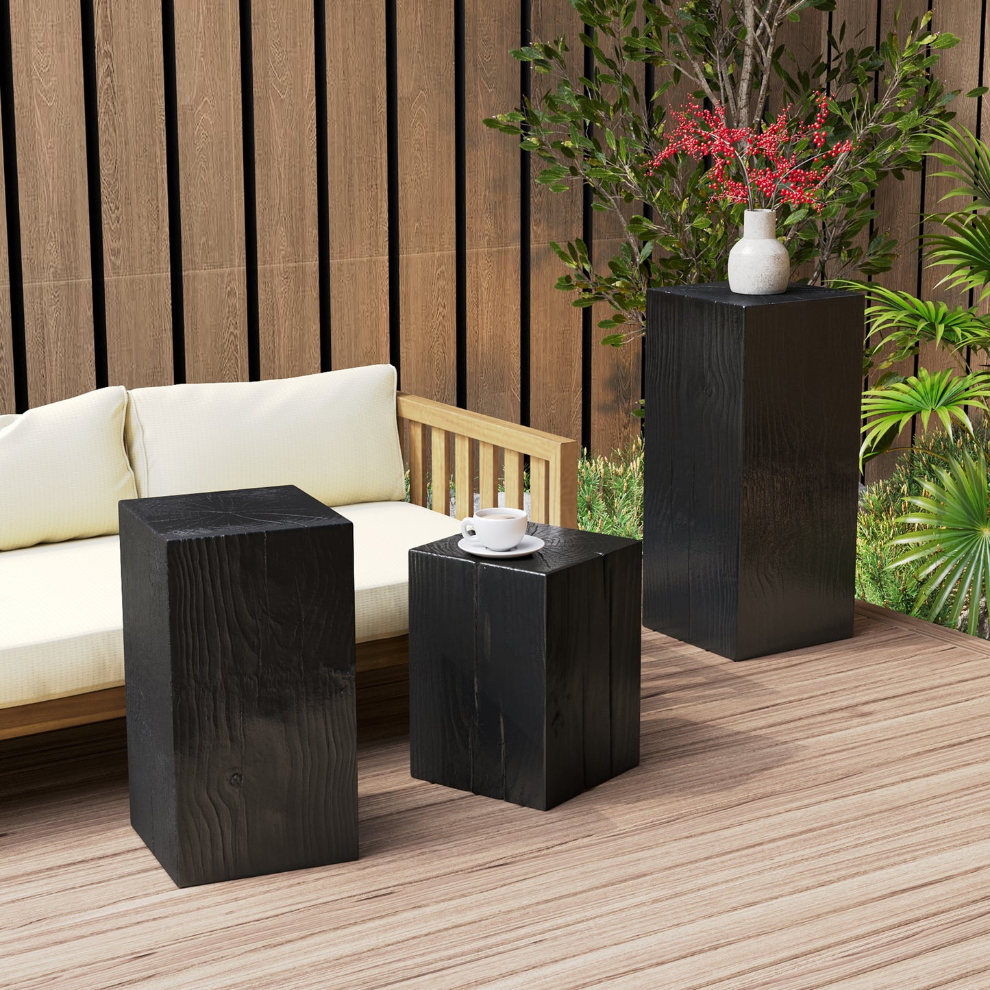 Retro natural style Side Table Set ,Stackable End Tables,Square-Column MGO Side Table for for Living Room, Bedroom, Office, Black Color