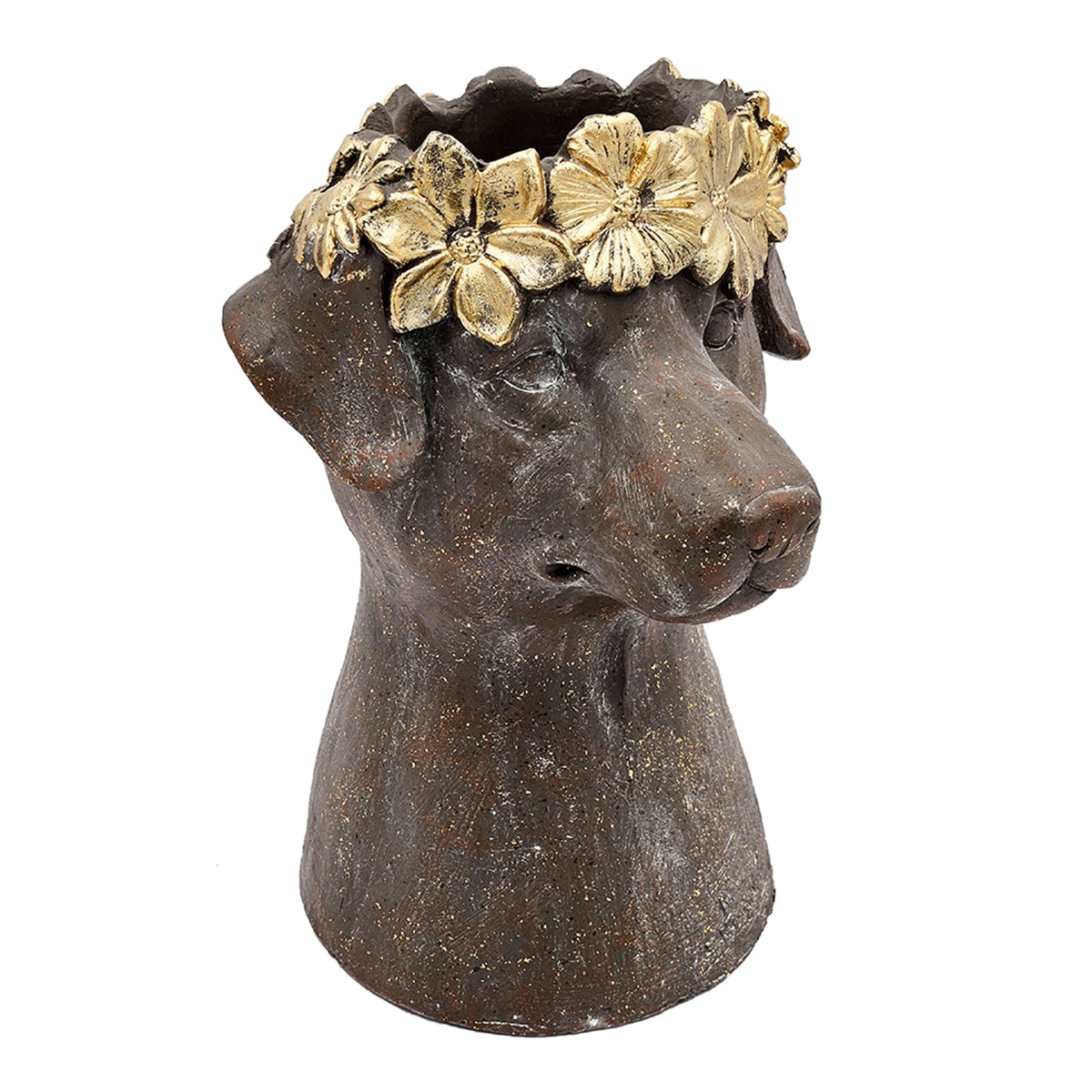 9.3x9.3x13" Magnesium Dog Statue Planter with Textured Brown Finish and Gold Leaf Crown
