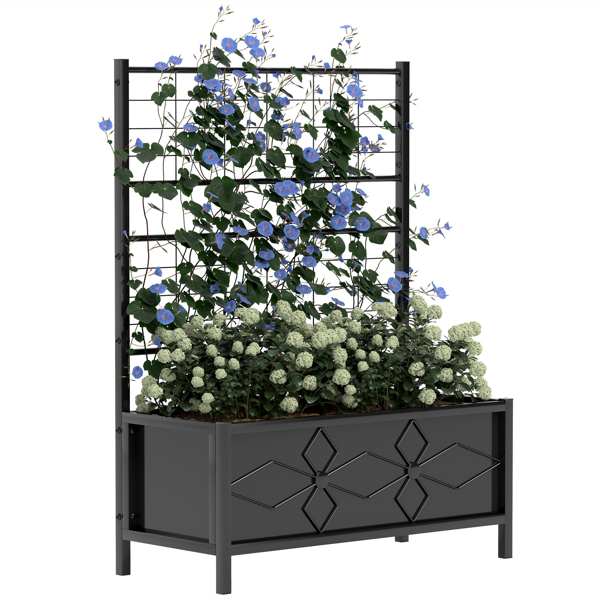 Outsunny Galvanized Raised Garden Bed with Trellis for Climbing Vines Vegetables Flowers, Outdoor Planter Box, 35.4" x 15.7" x 47.2", Black