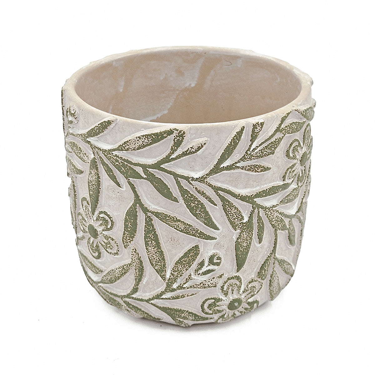 S/2 Gray Sand and Cement Planters with Etched Green Floral Motif, L:D6.7x6.3" S:D5.5x5"