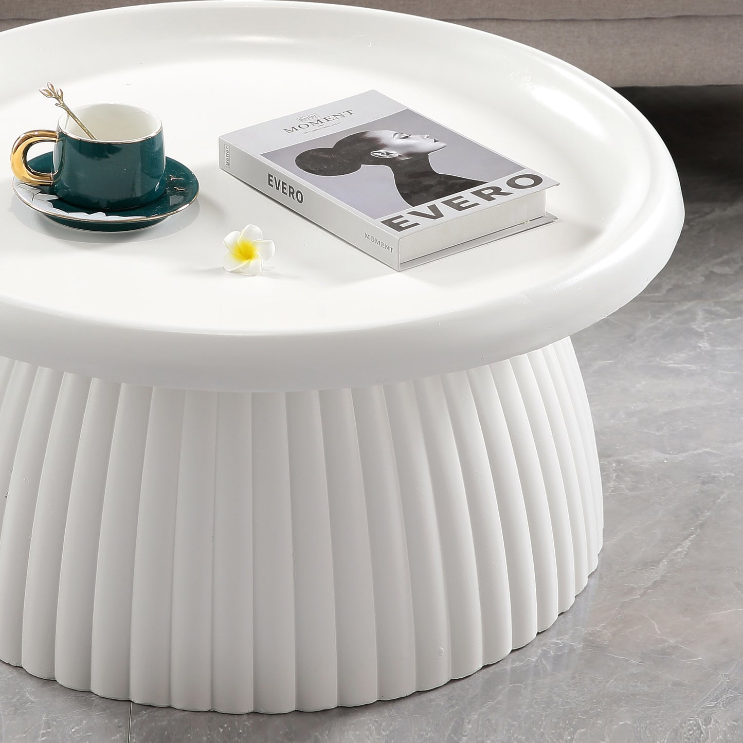 White Magnesium Oxide Fluted Pedestal Coffee Table   27.56" Diameter Round Center Table