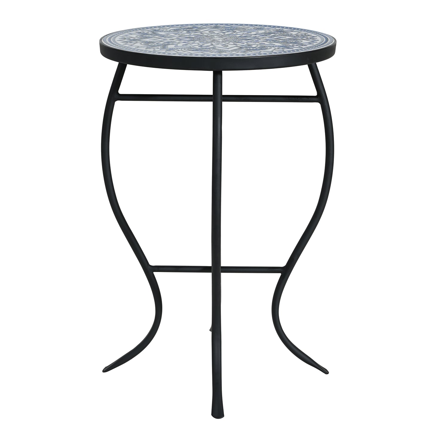 Outdoor Round Side Table with Mosaic-Style Top and Curved Iron Legs, Blue and Matte Black