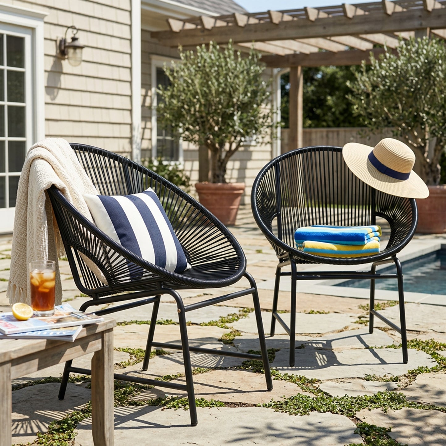NUSA OUTDOOR PATIO WICKER CHAIR, BLACK PE RATTAN & IRON FRAME, SET OF 2