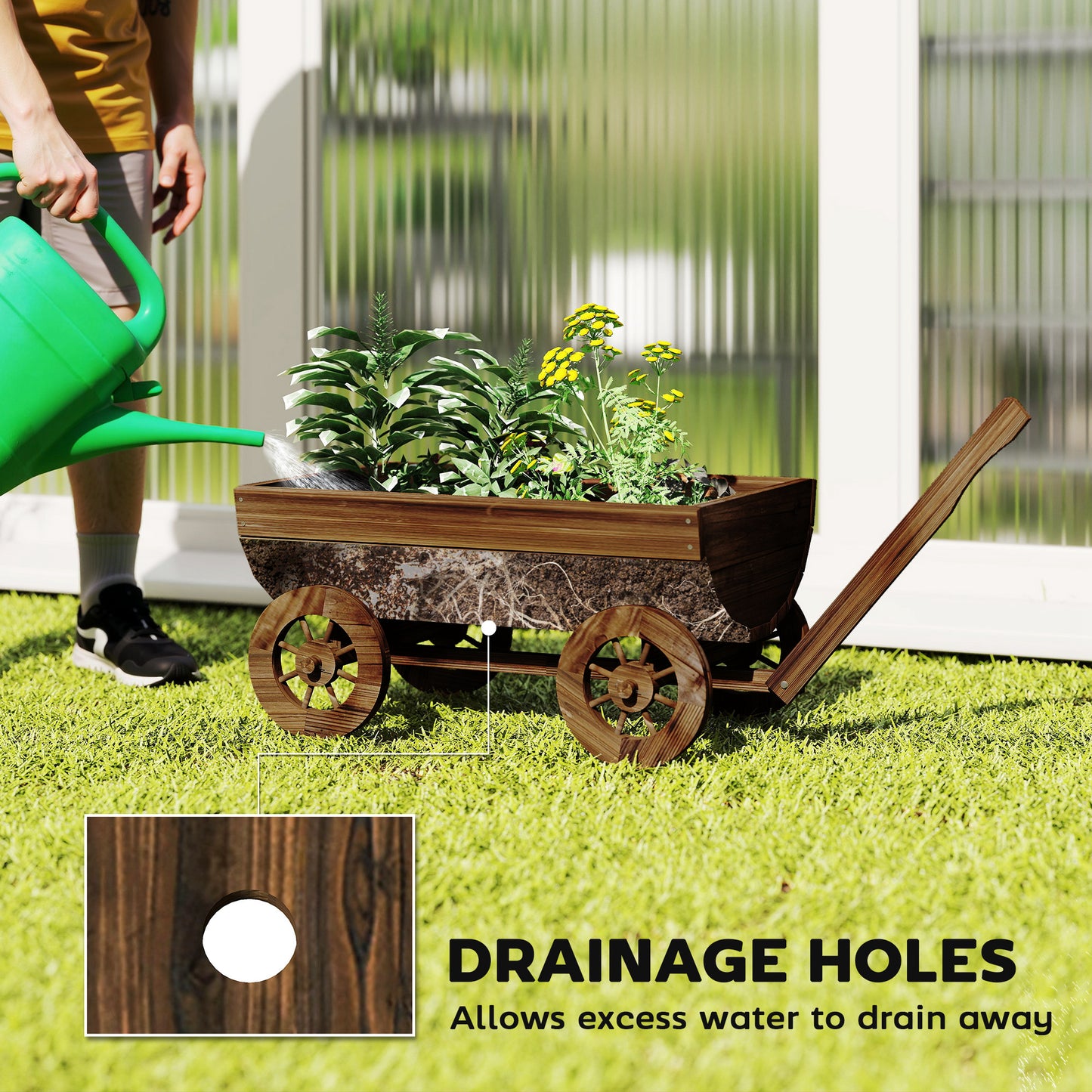 Outsunny Wooden Wagon Planter Box, Mobile Garden Planter with 4 Wheels, Small Wheelbarrow Wagon Flower Cart with Drainage Hole