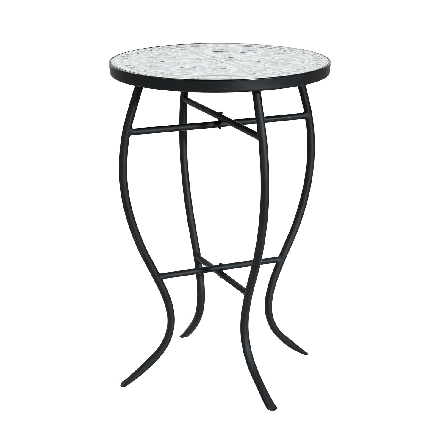 Outdoor Round Side Table with Mosaic-Style Top and Curved Iron Legs, Grey and Matte Black