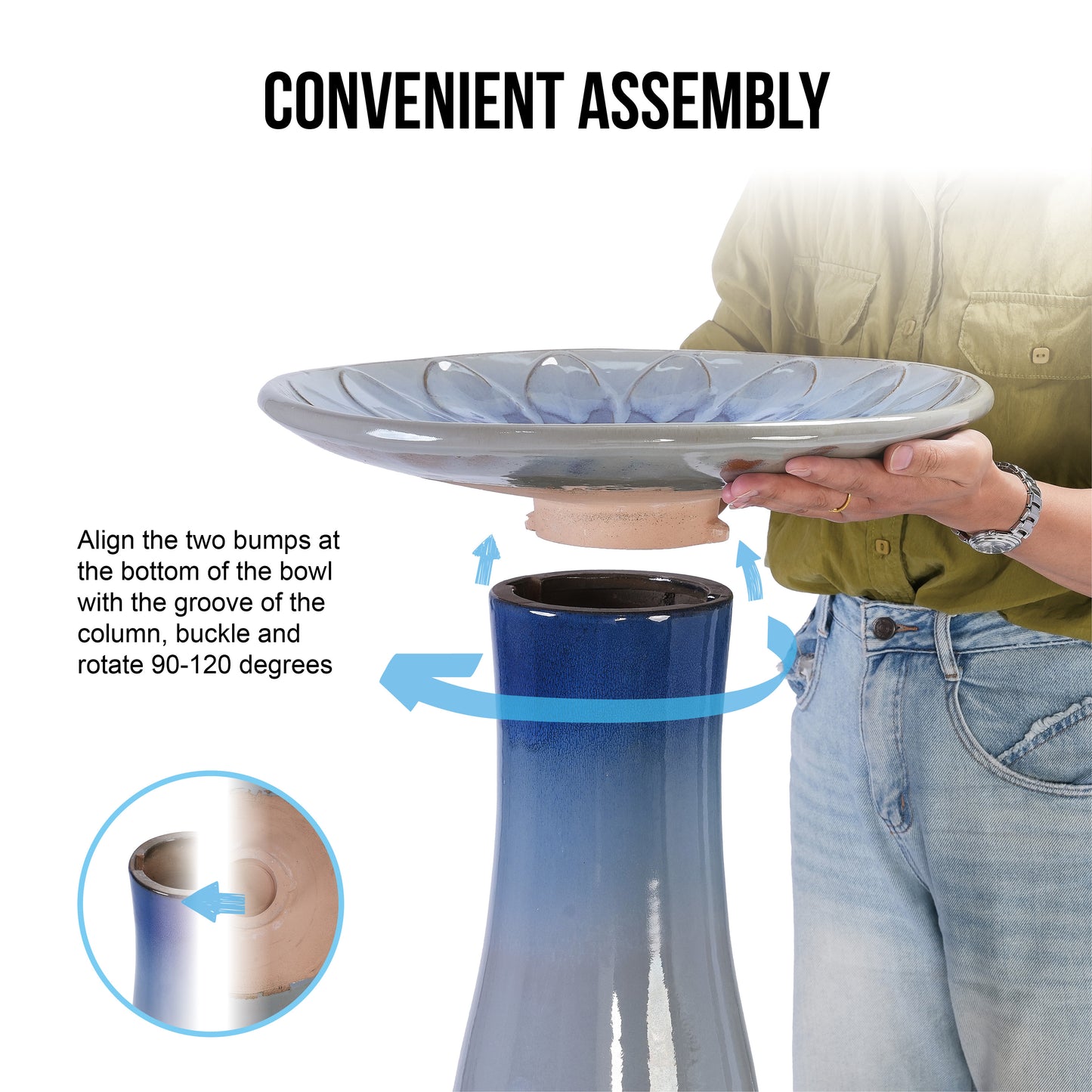 17'' Ceramic Bird Bath for Outside, Elegant Tall Outdoor Bird Bath, Lightweight Pedestal Glazed Birdbaths for Outdoors with floral Pattern, Blue Ombre