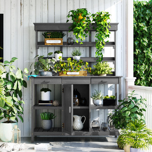 50 in. W x 66 in. H Gray Outdoor Farmhouse Fir Wood Garden Potting Bench Table with Drawers and Cabinet