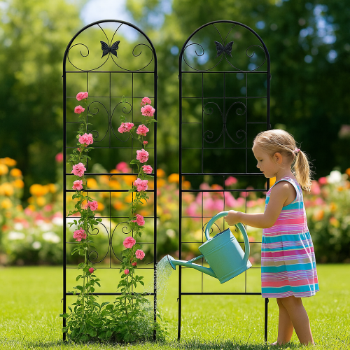 71 in. Black Butterfly Indoor Outdoor Metal Garden Trellis 2-Pieces Lawn Fence Decor Screen, for Climbing Support Plant