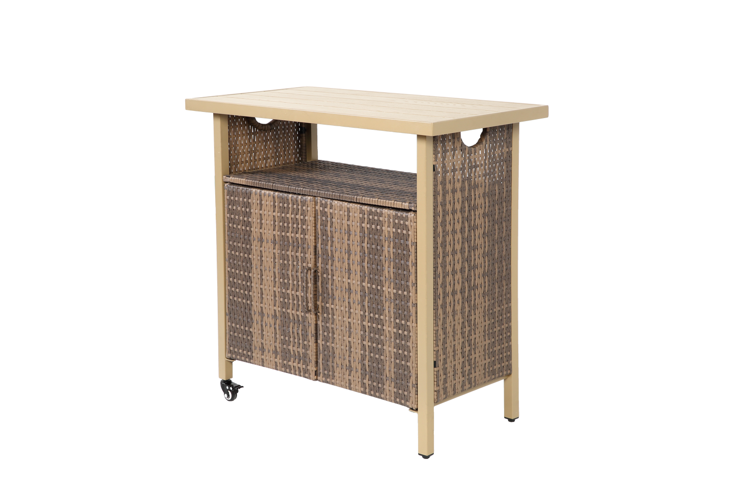 Outdoor Wicker Bar Cart, Patio Wine Serving Cart w/Wheels , Rolling Rattan Beverage Bar Counter Table for Porch Backyard Garden Poolside Party, Beige