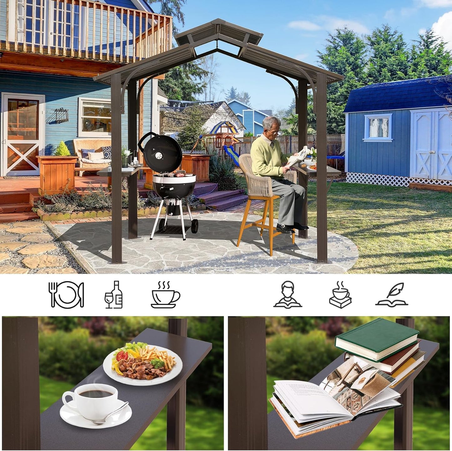 8×5FT Hardtop Grill Gazebo, Outdoor BBQ Gazebo w/Galvanized Steel Double Roof, Permanent Sun Shade Grill Canopy Shelter with 2 Side Shelves and Ceiling Hook for Patio Deck Yard Garden (Brown)