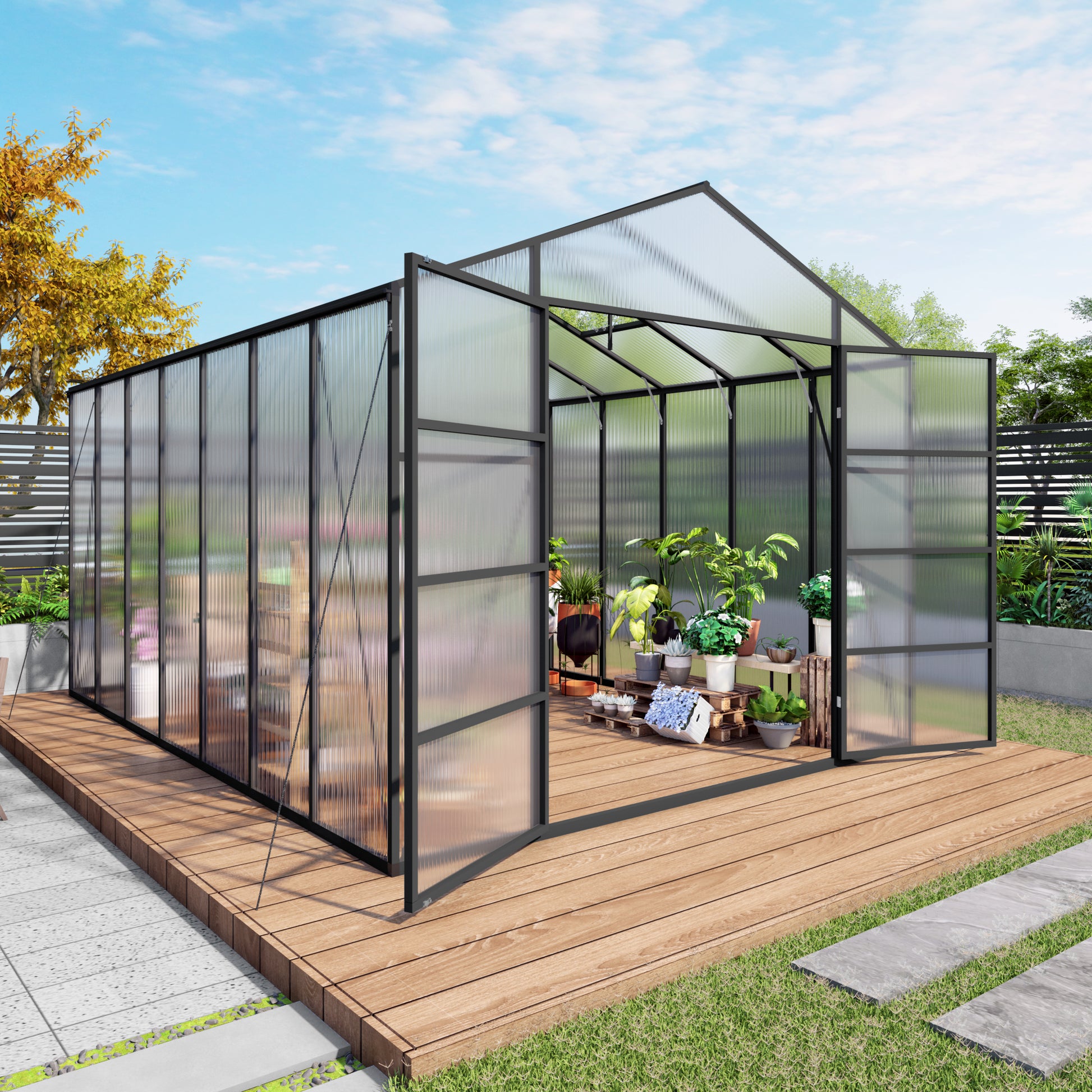 Newly Design Windproof Aluminum Greenhouse 10x14 FT Polycarbonate Greenhouse Aluminum Heavy Duty Walk-in Greenhouses for Outdoor Backyard in All Season