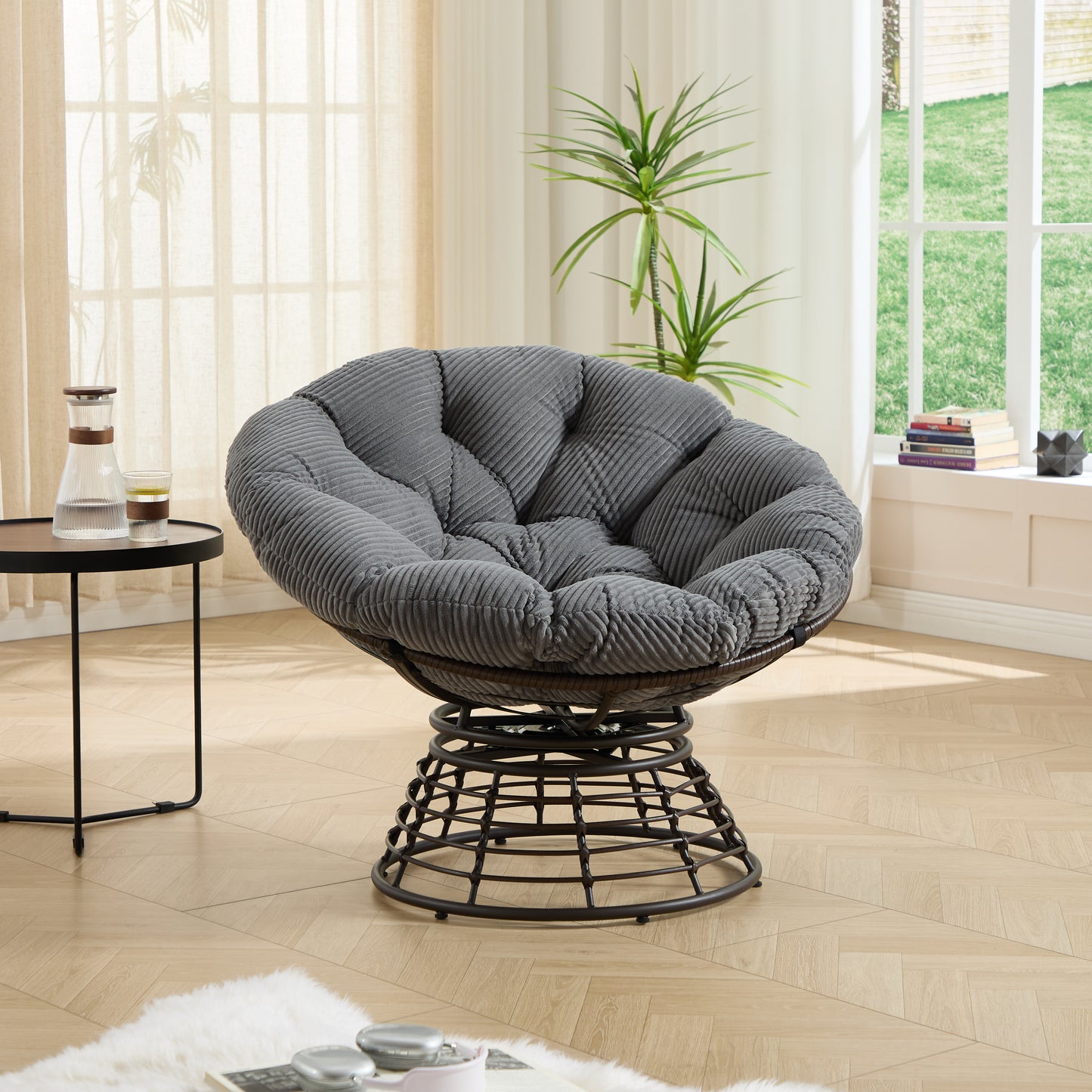 Comfortable Ergonomic Wicker Papasan Chair, 360° Swivel Indoor Outdoor Rattan Chair with Soft Thick Cushion, Ideal for Living Room, Bedroom, Reading Room, Brown Frame with Grey Cushion
