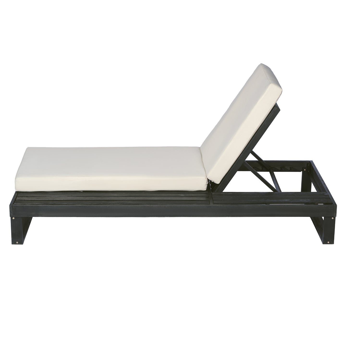 Black Acacia Wood Chaise Lounge with 4-Inch Cream 2-FoldCushion Set, 4-Position Adjustable Outdoor Patio Lounger with Flat Side Surface, for Poolside- Matching dark  grey version available